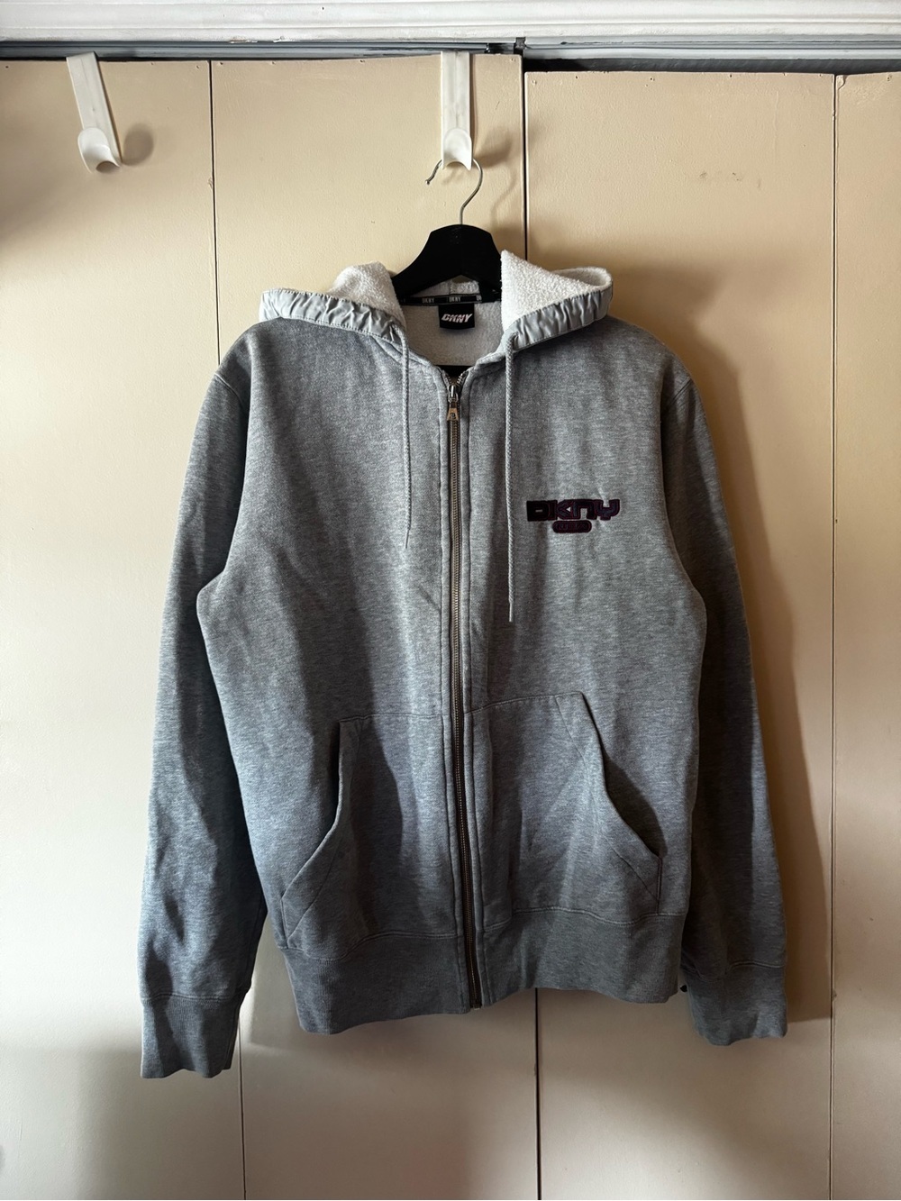 DKNY Gray Full-Zip Hooded Sweatshirt with Sherpa Hood